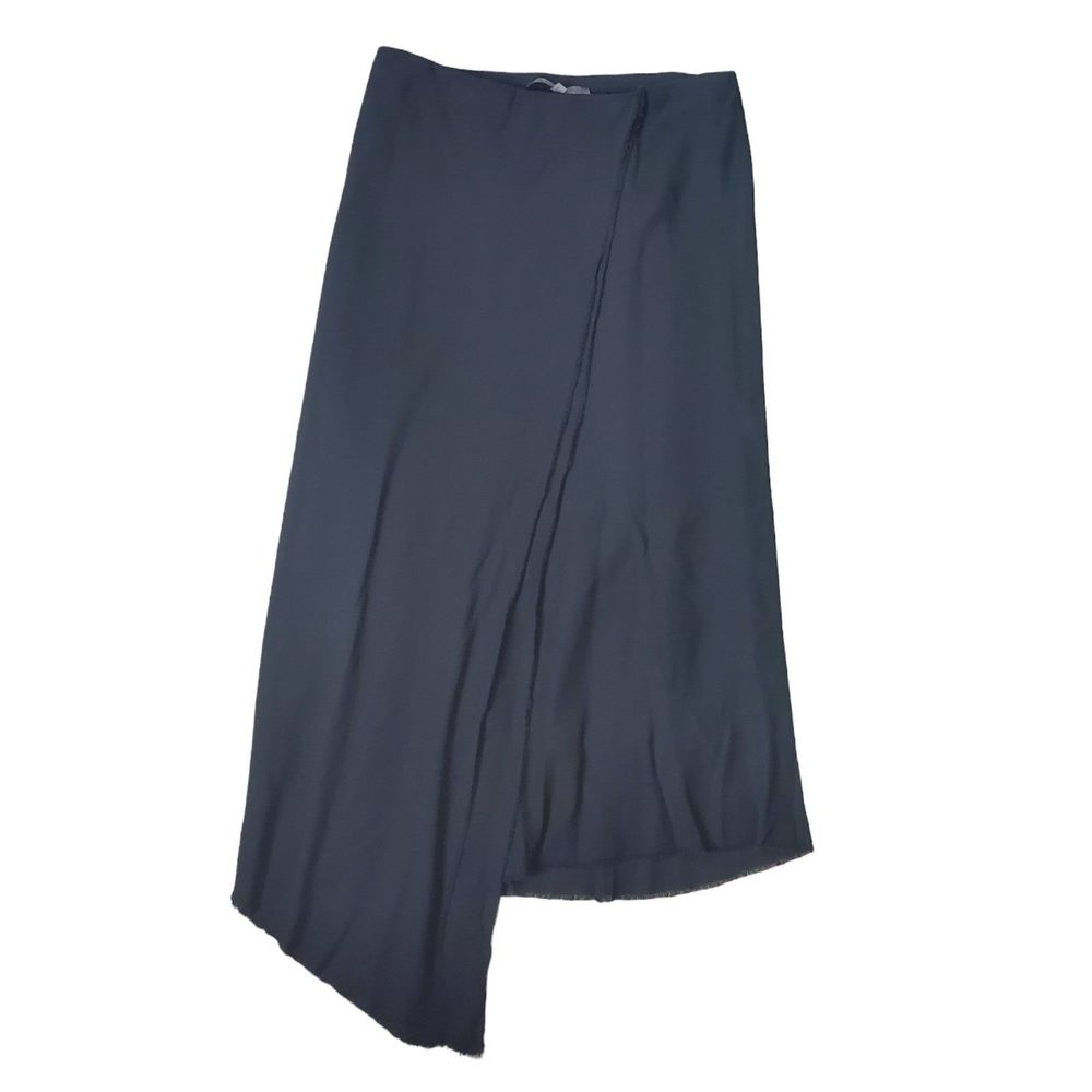 Annarita N. VTG Black Chiffon Wrap Midi Skirt Asymmetric Raw Trim Italy Sz 10